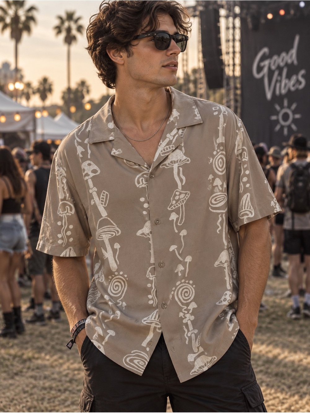 Good Vibes Drill Clothing Co 2XL Mushroom Camp Shirt Tan Psychedelic Resort